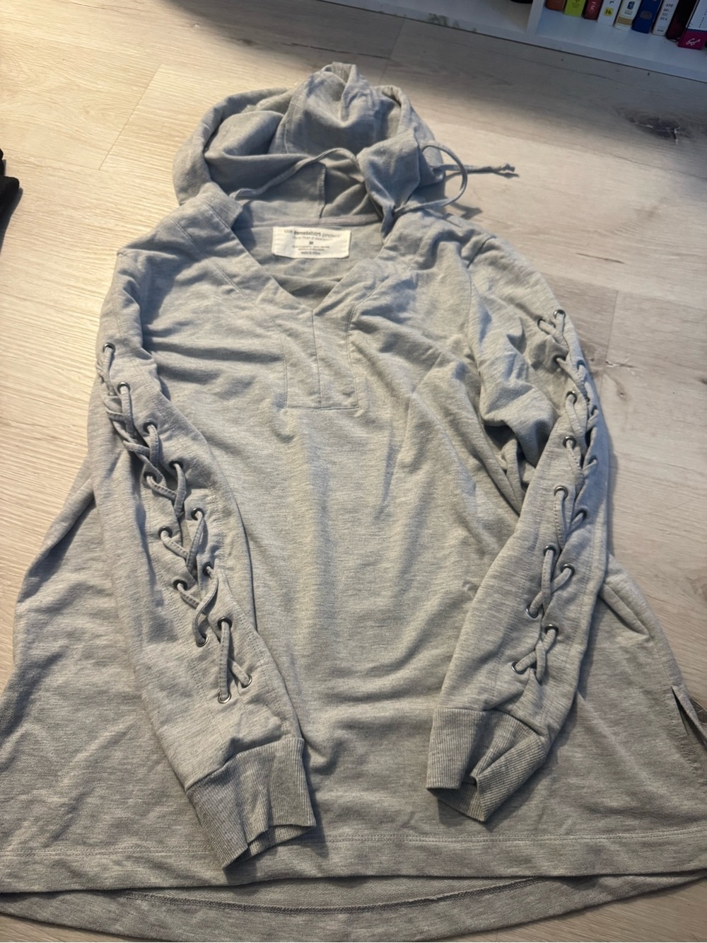 Women's Light Gray Lace-Up Sleeve V-Neck Hoodie Sweater
